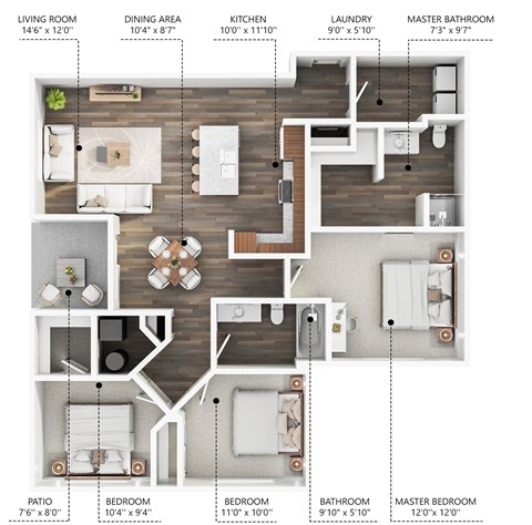 A detailed floor plan of a home showing the layout of the living room, dining area, kitchen, laundry, and bathrooms.